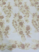 Two Tone Lace Floral Fabric - Rose / Beige - Flower and Fish Designs Corded on Sequins Lace By Yard
