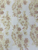 Two Tone Lace Floral Fabric - Rose / Beige - Flower and Fish Designs Corded on Sequins Lace By Yard