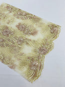 Two Tone Lace Floral Fabric - Rose / Beige - Flower and Fish Designs Corded on Sequins Lace By Yard