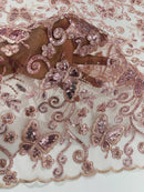Butterflies Swirl Design - Rose - Metallic Sequins Butterflies on Lace Fabric By Yard