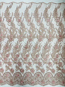 3D Floral Leaf Line Panels - Rose - 3D Embroidered Flower Lines with Pearls on Lace By Yard