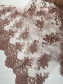 Damask Flower Lace Fabric - Rose - Damask Flowers Embroidered on Lace Fabric By Yard
