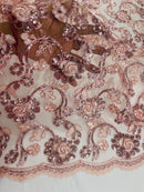 Corded Lace Flower Fabric - Rose - Floral Design Embroidered Sequins on Mesh Lace Fabric