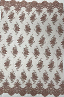 Damask Flower Lace Fabric - Rose - Damask Flowers Embroidered on Lace Fabric By Yard