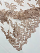 Braid Leaf Designs Lace Fabric - Rose - Embroidered Floral Leaf Pattern on Lace Mesh Fabric By Yard