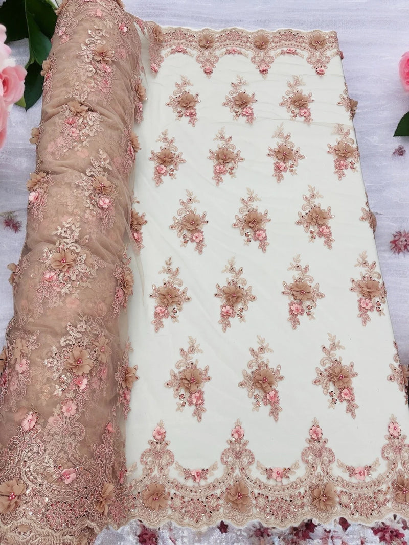 3D Floral Sequins Design - Rose - Embroidered Floral Lace Fabric With Sequins / Pearls By Yard