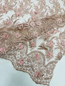 3D Floral Leaf Line Panels - Rose - 3D Embroidered Flower Lines with Pearls on Lace By Yard