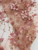 3D Floral Glitter Fabric - Rose - 3D Sequins and Glitter Floral Design on Mesh Sold By Yard