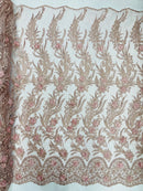 3D Floral Leaf Line Panels - Rose - 3D Embroidered Flower Lines with Pearls on Lace By Yard