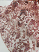 Butterflies Swirl Design - Rose - Metallic Sequins Butterflies on Lace Fabric By Yard
