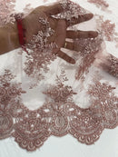 Damask Flower Lace Fabric - Rose - Damask Flowers Embroidered on Lace Fabric By Yard