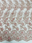 3D Floral Leaf Line Panels - Rose - 3D Embroidered Flower Lines with Pearls on Lace By Yard