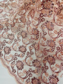 Corded Lace Flower Fabric - Rose - Floral Design Embroidered Sequins on Mesh Lace Fabric