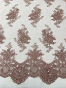 Damask Flower Lace Fabric - Rose - Damask Flowers Embroidered on Lace Fabric By Yard