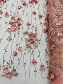 3D Floral Glitter Fabric - Rose - 3D Sequins and Glitter Floral Design on Mesh Sold By Yard