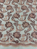 Corded Lace Flower Fabric - Rose - Floral Design Embroidered Sequins on Mesh Lace Fabric