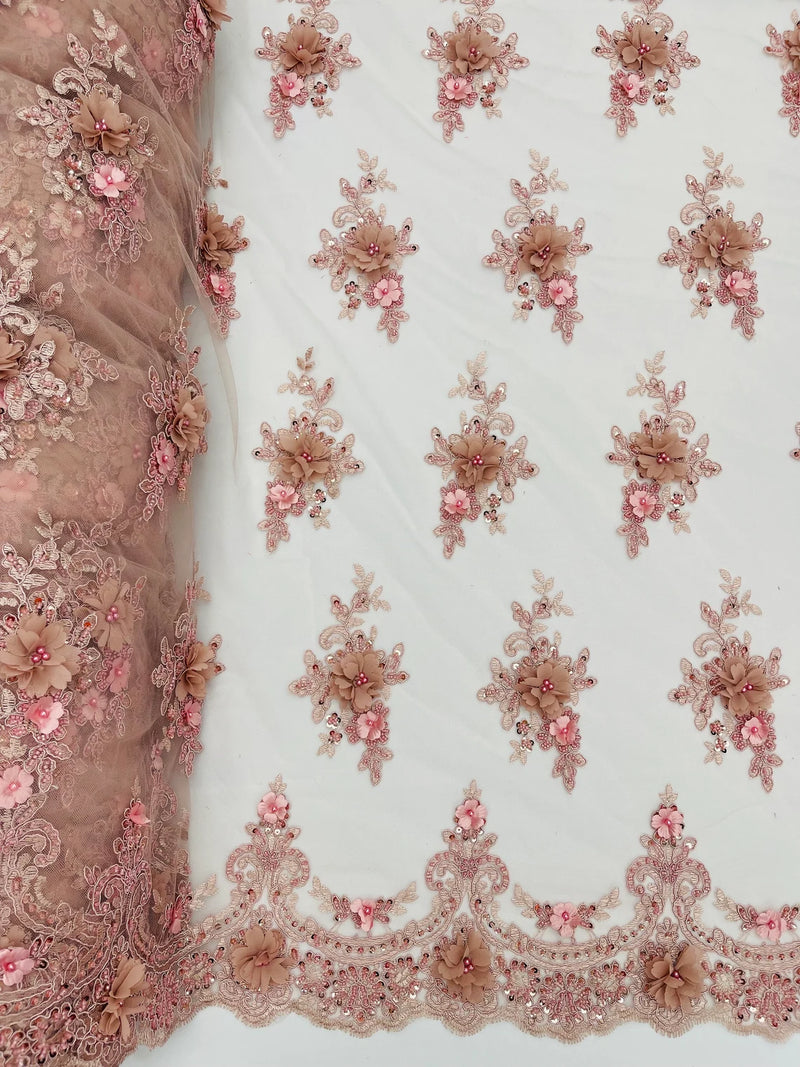 3D Floral Sequins Design - Rose - Embroidered Floral Lace Fabric With Sequins / Pearls By Yard