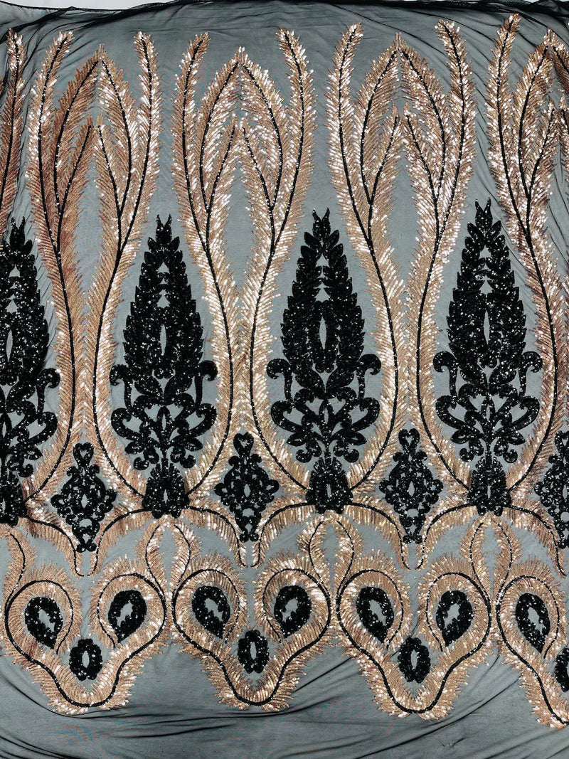 Palm Leaf Damask Sequins - Rose Gold / Black - 4 Way Stretch Sequins Leaf Design Fabric By Yard