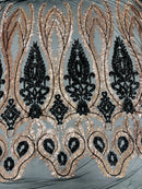 Palm Leaf Damask Sequins - Rose Gold / Black - 4 Way Stretch Sequins Leaf Design Fabric By Yard