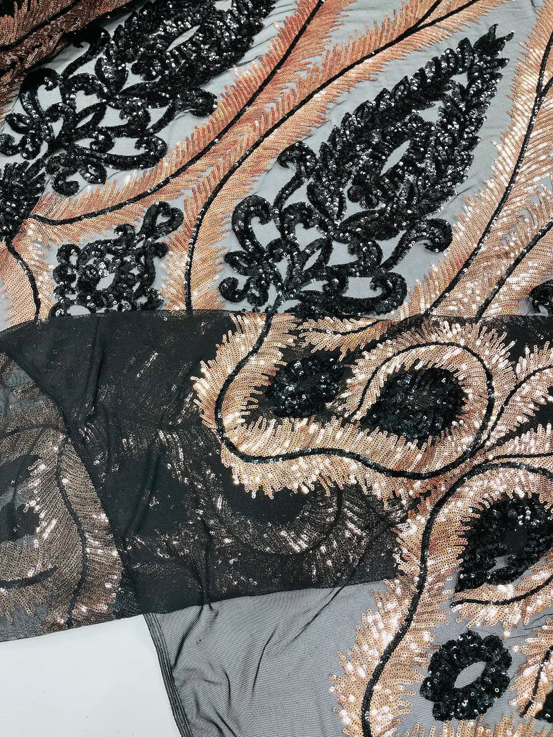 Palm Leaf Damask Sequins - Rose Gold / Black - 4 Way Stretch Sequins Leaf Design Fabric By Yard