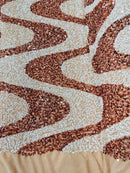 Wavy Line Design Velvet Sequins - Rose Gold / White - Velvet Sequins Fabric 2 Way Stretch 58"- 60" By Yard