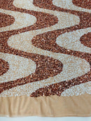 Wavy Line Design Velvet Sequins - Rose Gold / White - Velvet Sequins Fabric 2 Way Stretch 58"- 60" By Yard