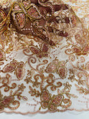 Butterflies Swirl Design - Rose Gold - Metallic Sequins Butterflies on Lace Fabric By Yard