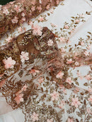3D Glitter Floral Fabric - Rose Gold - Glitter Sequin Flower Design on Lace Mesh Fabric by Yard