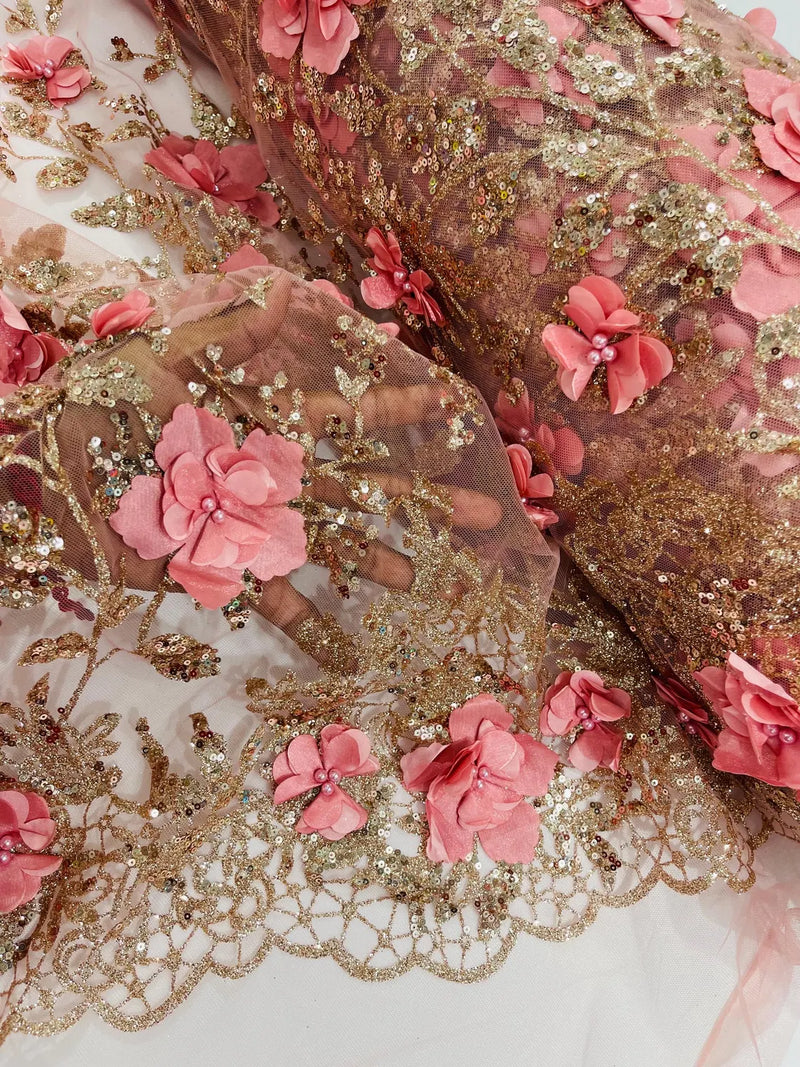 Big Flower 3D Glitter Fabric - Rose Gold - Embroidered Floral Sequins Design Fabric by Yard