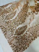 Fancy Rhinestone Glitter Fabric - Rose Gold - Embroidered Damask Design Glitter Mesh Fabric by Yard