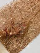 Glitter Line Mesh Sequins Fabric - Rose Gold - Shiny Sequins and Glitter on Mesh Fabric by Yard