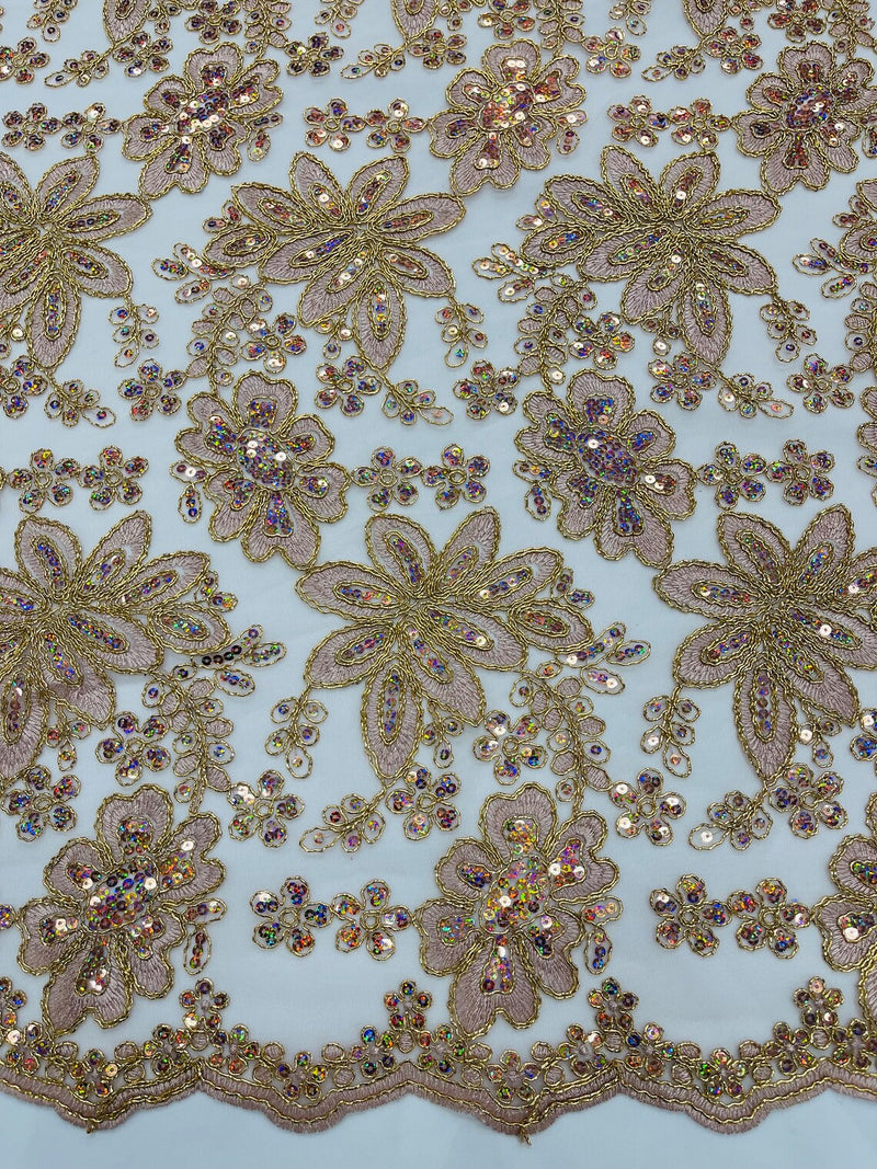 Metallic Floral Lace Fabric - Rose Gold - Hologram Sequins Floral Metallic Thread Fabric by Yard