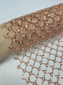 Diamond Net Bead Fabric - Rose Gold - Geometric Embroidery Beaded Sequins Fabric Sold By The Yard