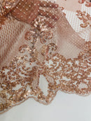 King Damask Lace Fabric - Rose Gold - Corded Embroidery with Sequins on Mesh Lace Fabric By Yard