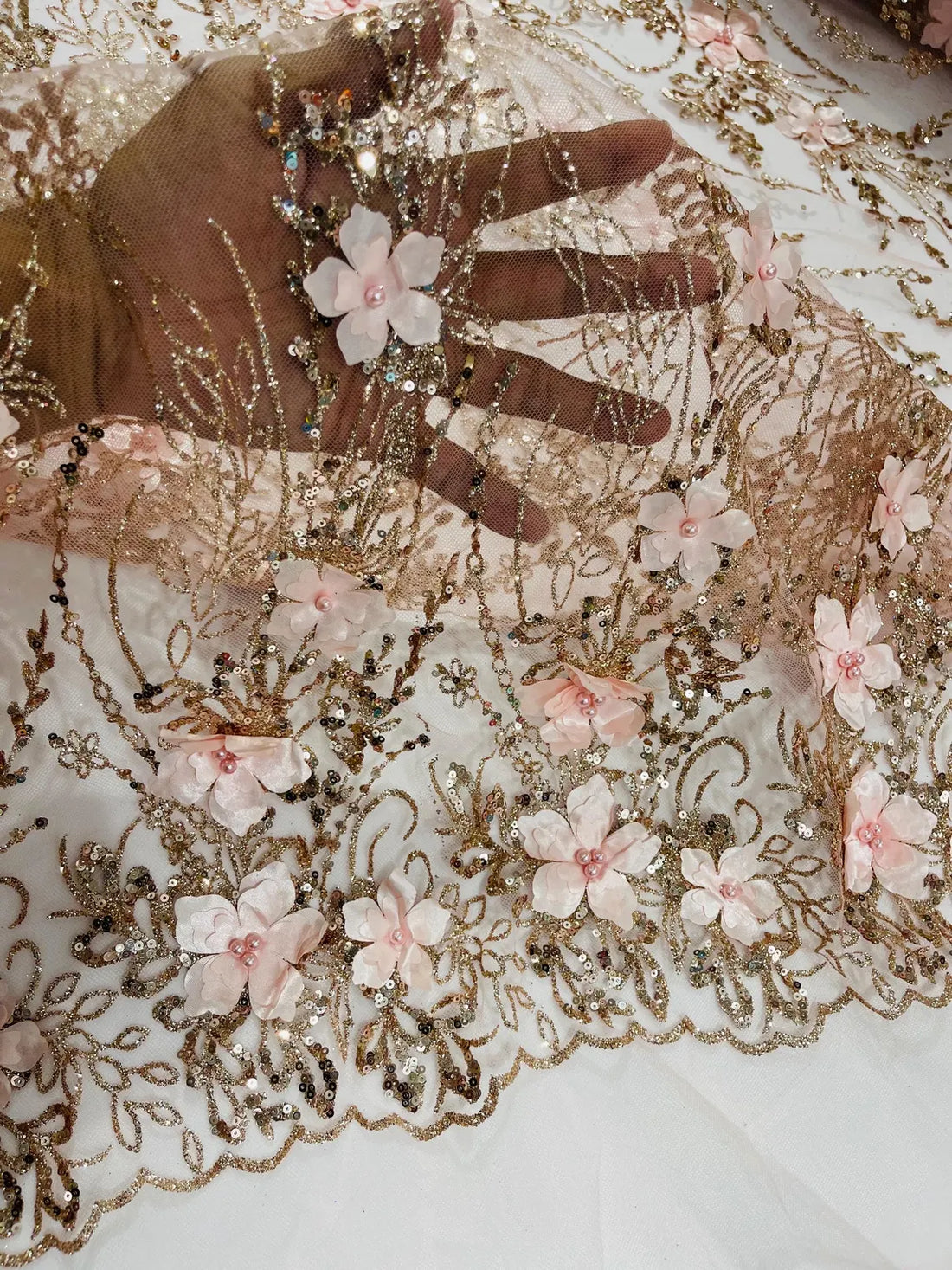 Flower 3D Glitter Fabric - Rose Gold