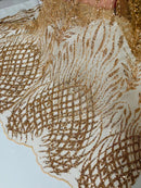 Beaded Embroidered Fabric - Rose Gold - Embroidered Heart and Feather Pattern Fabric Sold By Yard