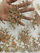 Floral Beaded Gaviota Fabric - Rose Gold - Beaded Floral Design Embroidered On Mesh Sold By Yard