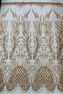 Beaded Embroidered Fabric - Rose Gold - Embroidered Heart and Feather Pattern Fabric Sold By Yard