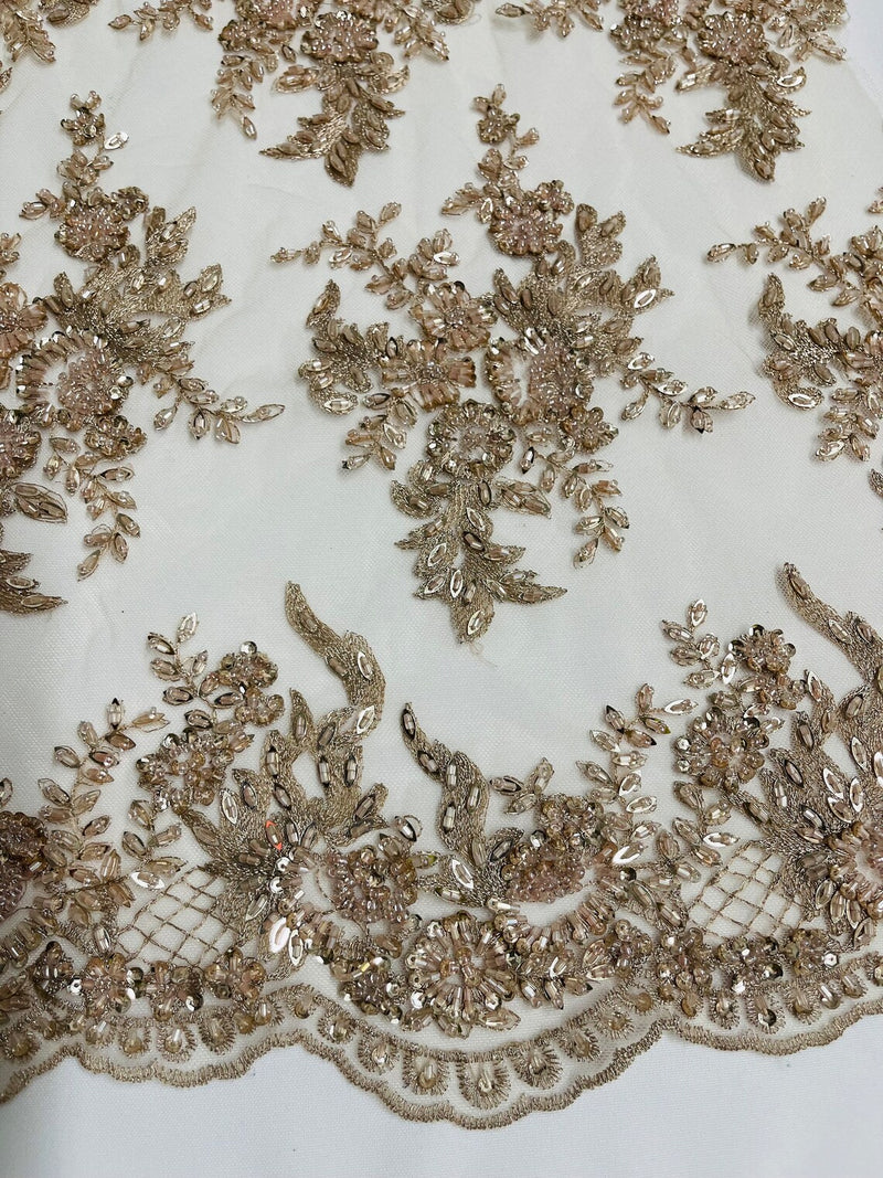 Tauros Beaded Design - Rose Gold - Floral Beads and Sequins Embroidered on a Mesh Sold By Yard