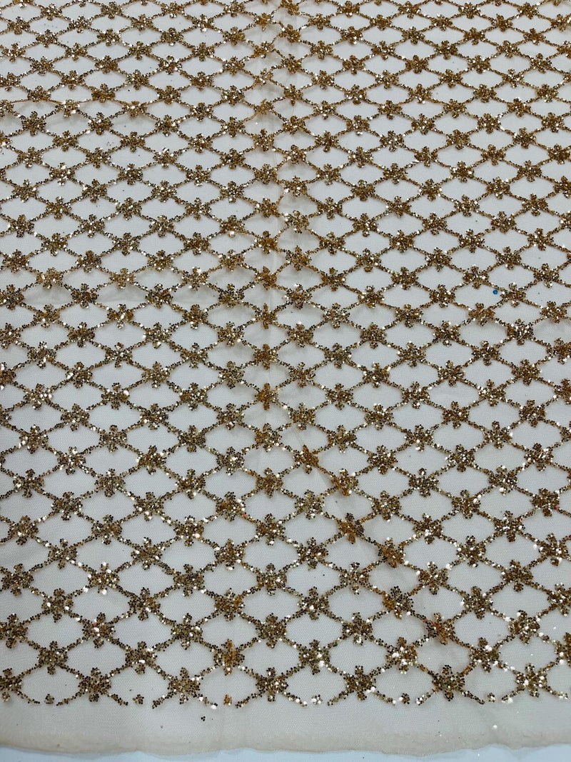 Diamond Design Glitter Fabric - Rose Gold - Triangle Shiny Glitter Mesh with Flower Decor by Yard