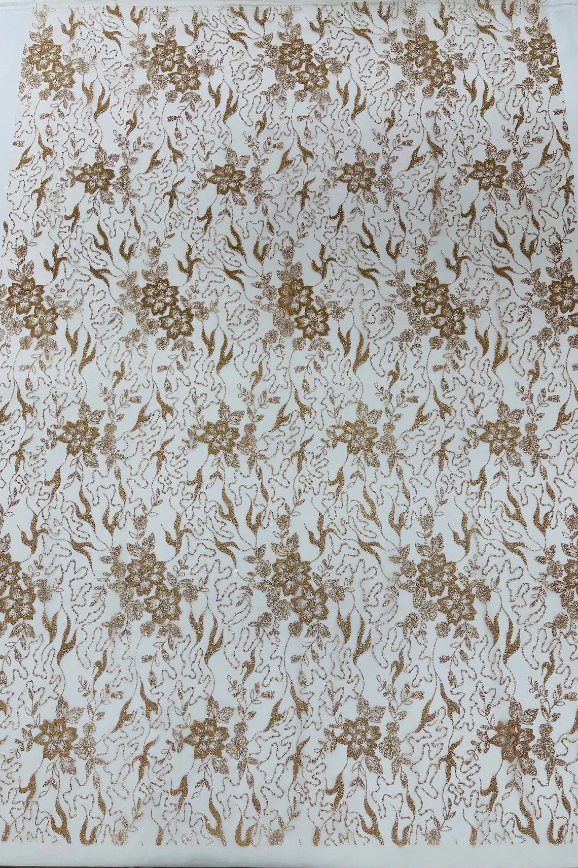 Floral Glitter Design Fabric - Rose Gold - 3D Glitter Tulle Flower Pla