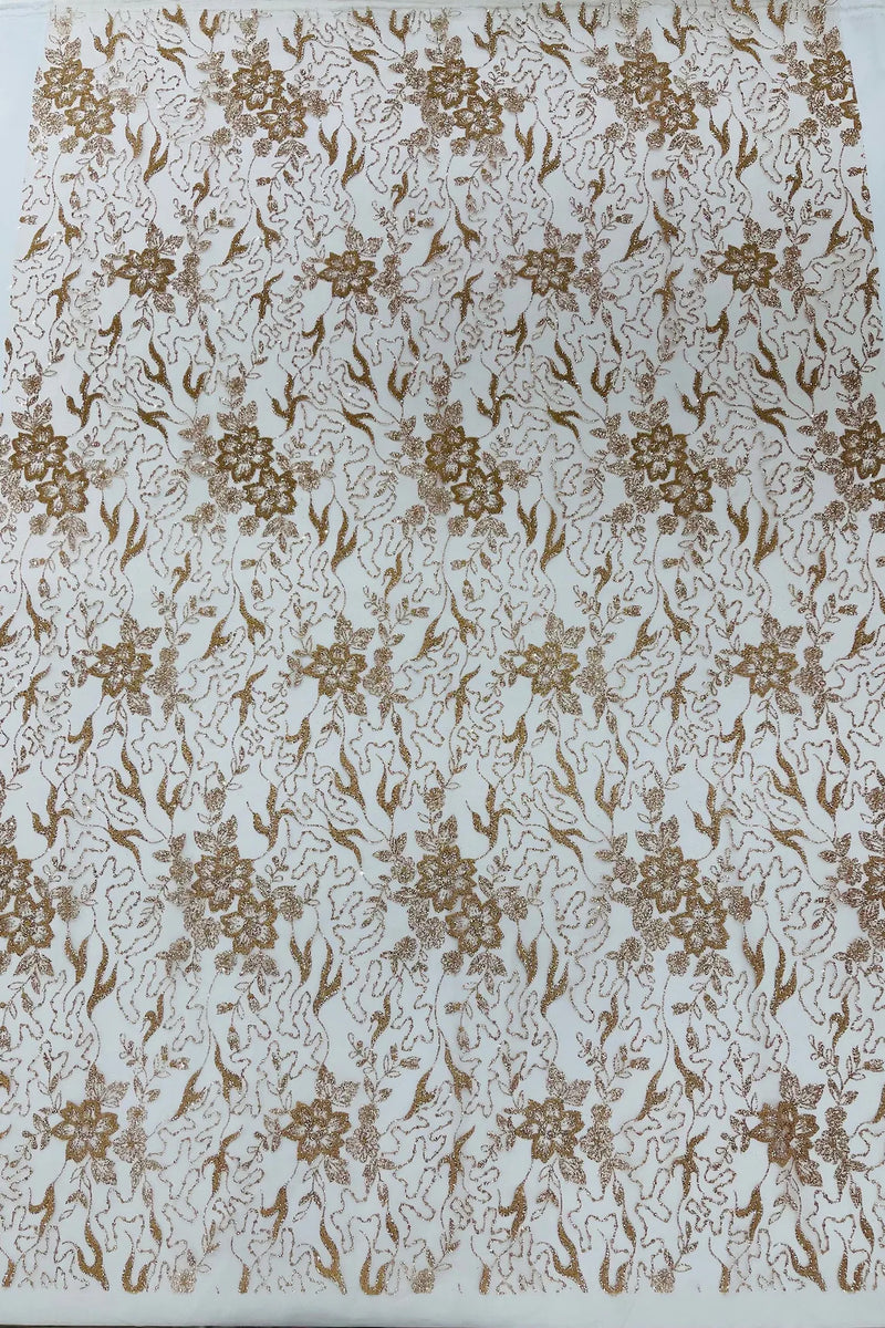 Floral Glitter Design Fabric - Rose Gold - 3D Glitter Tulle Flower Plant Design Fabric By Yard