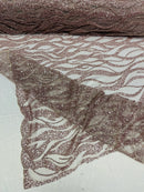 Flaming Fire Design Bead Fabric - Rose Gold - Beaded Embroidered Fabric By Yard