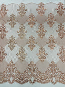 King Damask Lace Fabric - Rose Gold - Corded Embroidery with Sequins on Mesh Lace Fabric By Yard