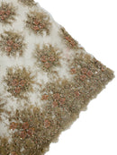 Floral Beaded Gaviota Fabric - Rose Gold - Beaded Floral Design Embroidered On Mesh Sold By Yard