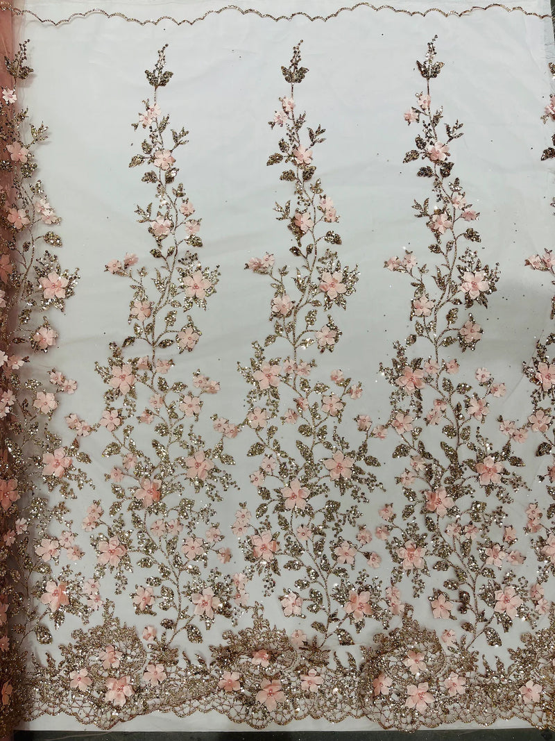 3D Glitter Floral Fabric - Rose Gold - Glitter Sequin Flower Design on Lace Mesh Fabric by Yard