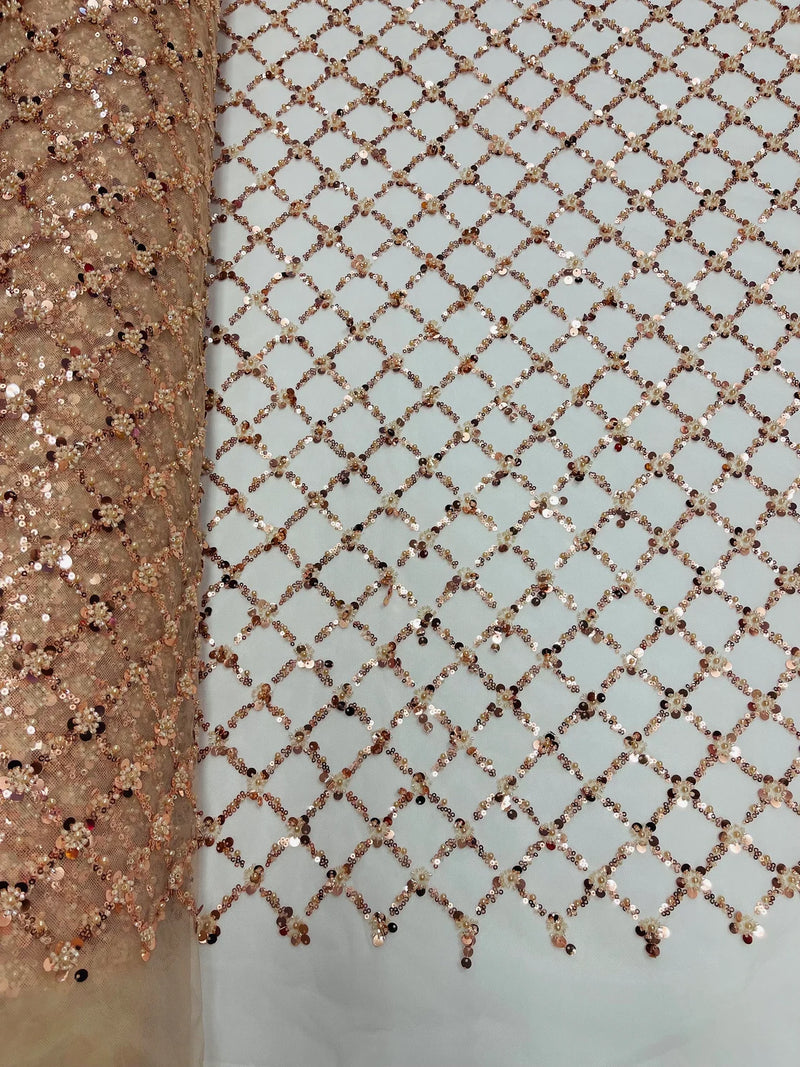 Diamond Net Bead Fabric - Rose Gold - Geometric Embroidery Beaded Sequins Fabric Sold By The Yard