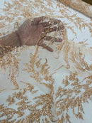 Plant Cluster Glitter Fabric - Rose Gold - Beaded Embroidered Leaf Plant Design on Lace Mesh By Yard