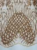 Beaded Embroidered Fabric - Rose Gold - Embroidered Heart and Feather Pattern Fabric Sold By Yard