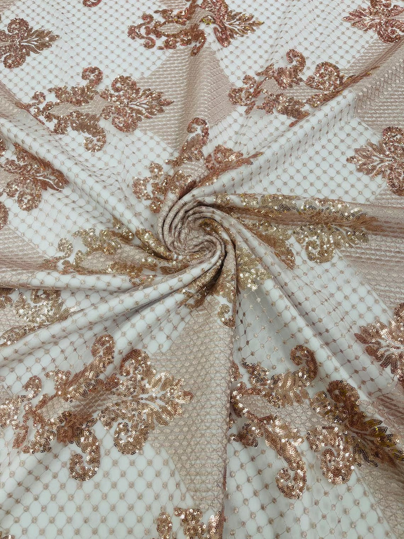King Damask Lace Fabric - Rose Gold - Corded Embroidery with Sequins on Mesh Lace Fabric By Yard